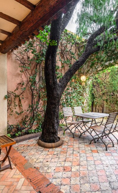 Shaded entrance patio under a pepper tree, Mediterranean atmosphere in Cimiez